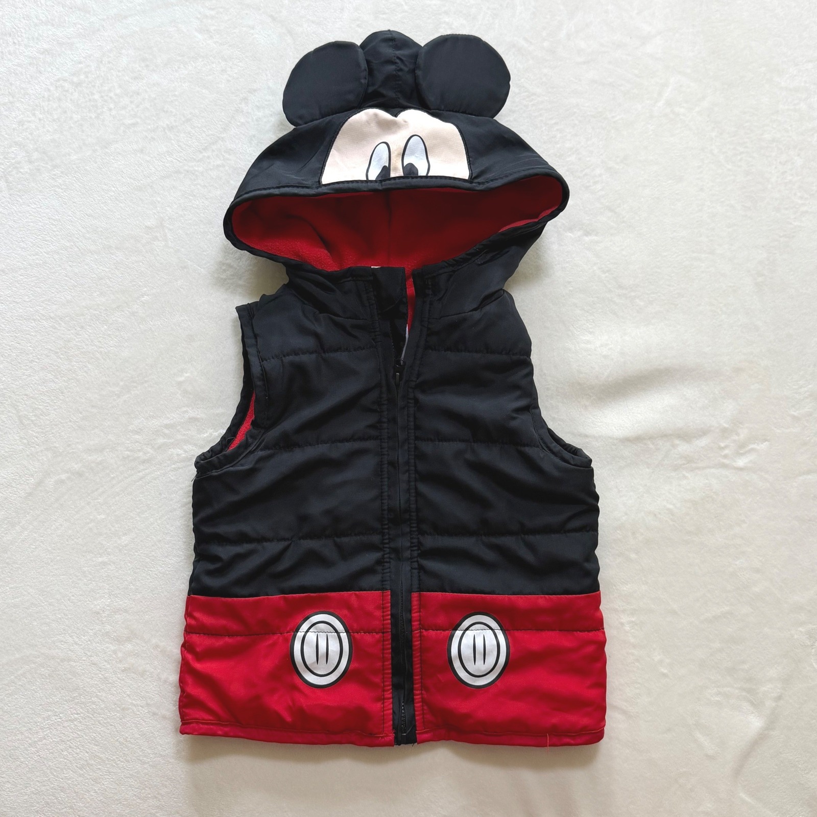 Disney Mickey Mouse Puffer Vest Kids 12m Black Red Hooded 3d Ears Fleece Lined